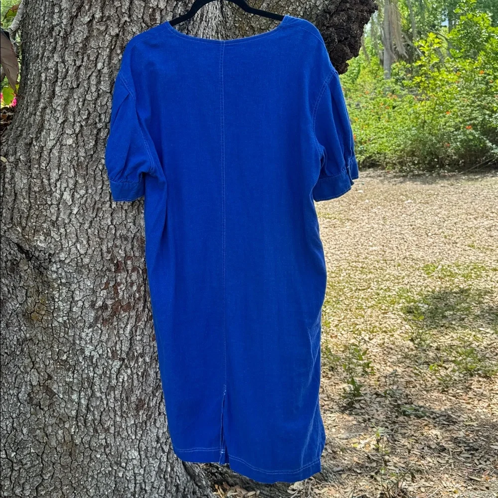 Who What Wear Blue 55% linen 45% cotton puff sleeve midi dress.2 pockets.Size XL